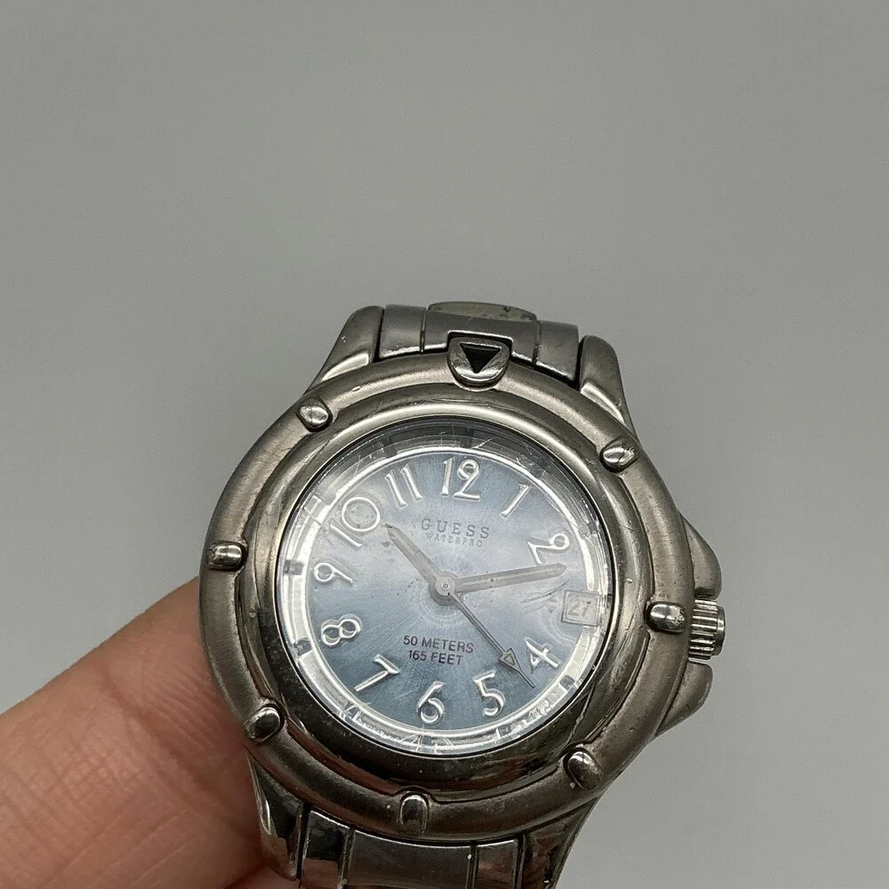 Guess Waterpro Womens Watch 29mm Blue Dial Date Silver Tone New Battery 5.75